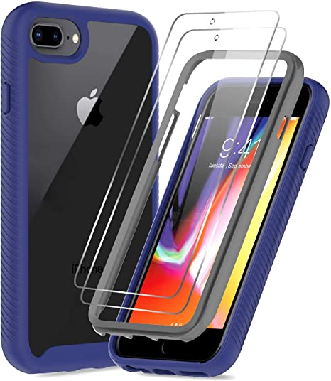 LeYi Compatible for iPhone 8 Plus Case, iPhone 7 Plus Case, iPhone 6 Plus Case with Tempered Glass Screen Protector [2 Pack], Full-Body Shockproof Hybrid Clear Phone Case for iPhone 6s Plus, Navy Blue