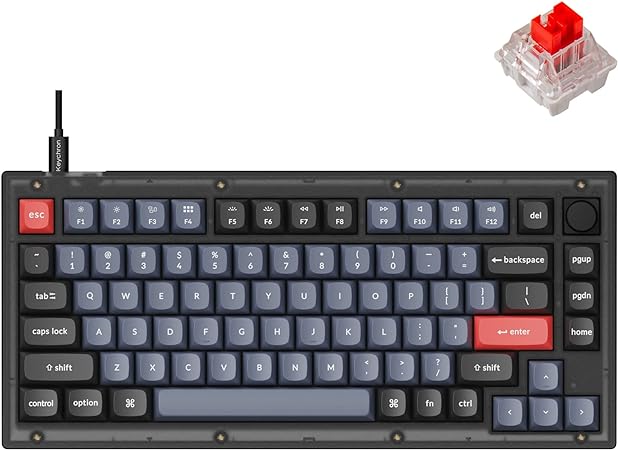 Keychron V1 Wired Custom Mechanical Keyboard Knob Version, 75% Layout QMK/VIA Programmable with Hot-swappable Keychron K Pro Red Switch Compatible with Mac Windows Linux (Frosted Black-Translucent)