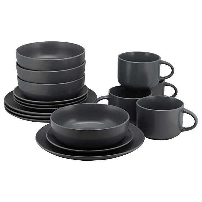 10 Strawberry Street Wazee Matte 16 Pc Coupe Dinnerware Set, Charcoal Gray