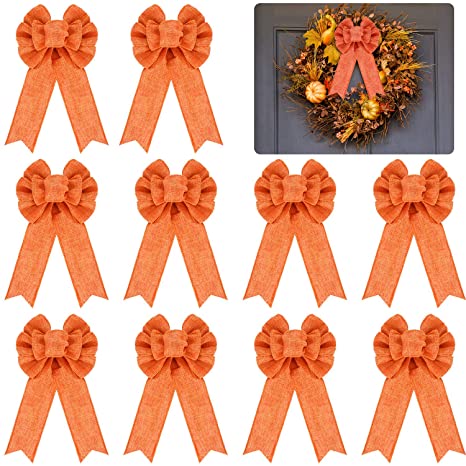 10 Pieces Orange Bow Fall Wreath Bow Thanksgiving Halloween Wreath Bow for Fall Thanksgiving Halloween Home Garden Decoration Supplies, 4 x 8 Inch