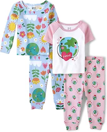 The Children's Place Baby Girls' and Toddler Sleeve Top and Shorts 100% Cotton 2 Piece Pajama Sets