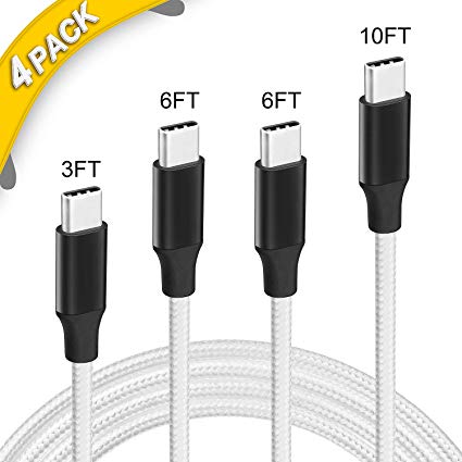 USB C Cable, 4 Pack [3FT 6FT 6FT 10FT] Type-C Cord Nylon Braided USB C Compatible Cable for Samsung Galaxy S9 S8 Note 8,Apple New MacBook, Nexus 6P 5X,Google Pixel,LG G5 G6(White)