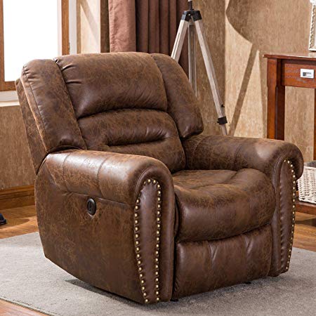 ANJ Electric Recliner Chair W/Breathable Bonded Leather, Classic Single Sofa Home Theater Recliner Seating W/USB Port, Nut Brown