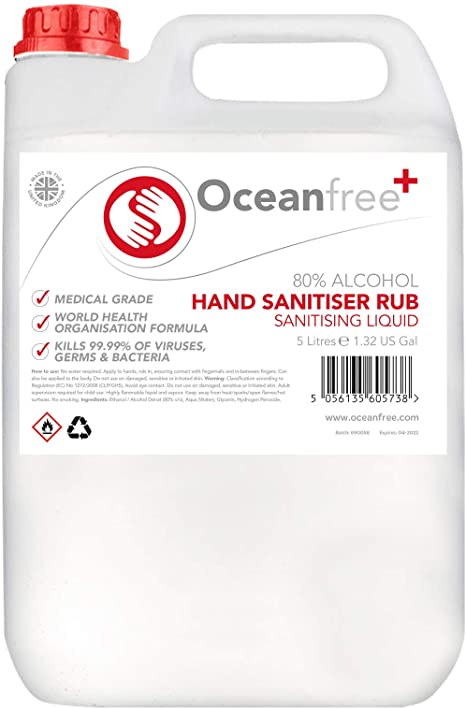 80% Alcohol Hand Sanitiser Liquid Rub - 5L Litre - Kills 99% Bacteria, Germs - Sanitizer