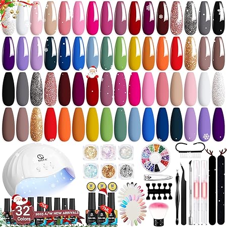 MEFA Gel Nail Polish Kit with UV Light - 32 Colors All Seasons Popular Gel Nail Polish Set with Base and Matte/Glossy Top Coat Nail Art Decorations Manicure Essential Tools Starter Kit DIY Salon Homee Christmas Gifts for Women Girls 52 Pcs