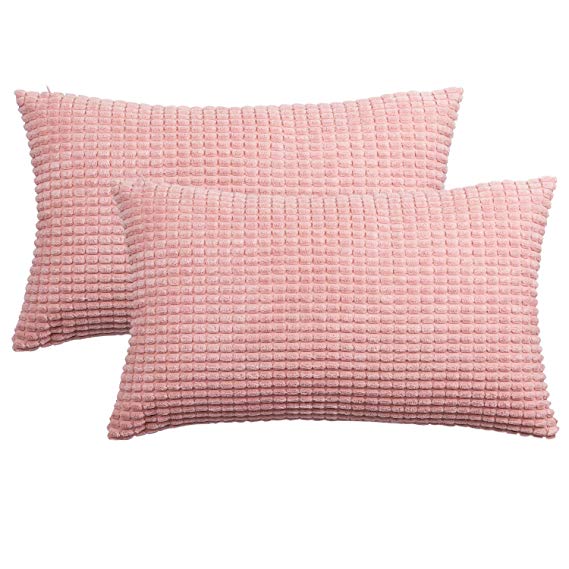 Set of 2,Decorative Lumbar Throw Pillow Covers 12"x20",Solid Cozy Corduroy Corn Stripe Pattern Bloster Pillow Case Shams,Soft Rectangle Cushion Covers with Zipper for Couch/Sofa/Bedroom,Blush Pink