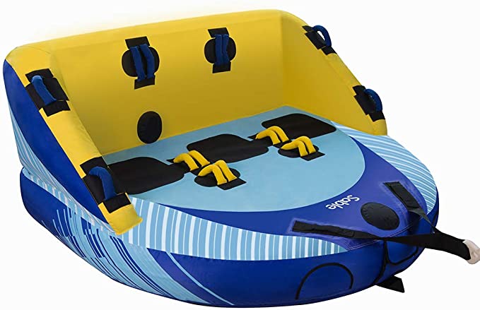 3-Person Towable Tube with Dual Front & Back Tow Points, 3 Rider Inflatable Towable with Heavy Gauge & Durable Build, Anti Leakage Inflatable Float Tube with Included Air Pump, Blue