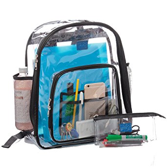 Clear School Security Backpack, Unisex Transparent Travel Work Bag, Pencil Case Included, Mesh Pockets for Water Bottles and Adjustable Padded Straps, See Through Bookbag