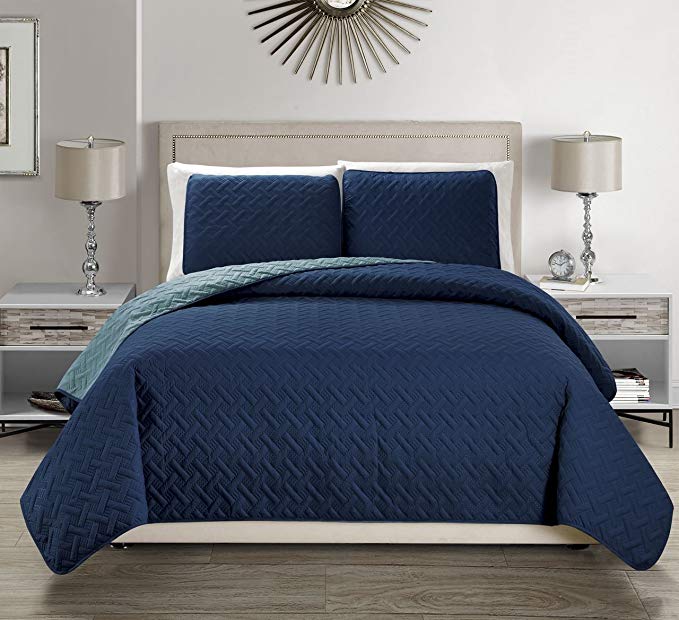 KingLinen Embossed Navy Reversible Bedspread/Quilt Set Twin