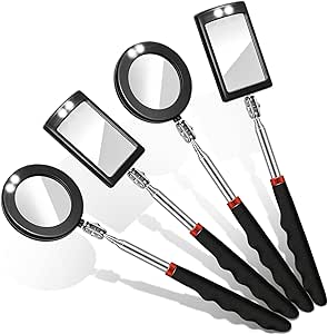 Led Telescoping Inspection Mirror Round Mirror Square Mirror Inspection Tool for Check The Condition of The Vehicle, Observe The Eyelashes, Mouth and Other Small Parts (4 Pieces)