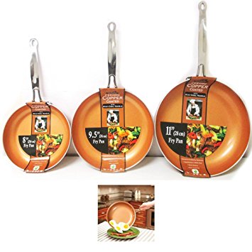 3 Ceramic Copper Coated Non Stick Fry Pan Set Eco Healthy Cookware 8" 9.5" 11"