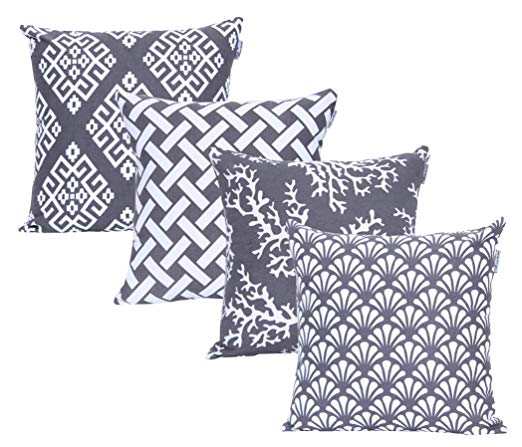 ACCENTHOME Square Printed Cotton Cushion Cover,Throw Pillow Case, Slipover Pillowslip for Home Sofa Couch Chair Back Seat,4pc Pack 18x18 in Grey Color
