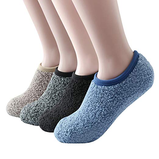 SKOLA 4/6Pairs Cozy Fuzzy Winter Women Socks,Gripper Slippers Socks,Fluffy No Show House Socks Lightweight Non Skid Bottoms
