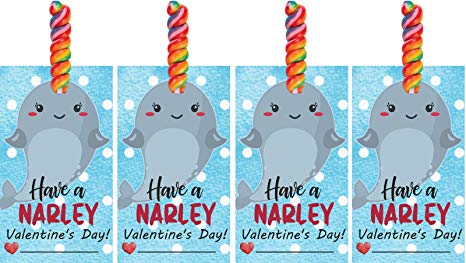 16 Valentine Cards With Candy for Kids Classroom Party - Set of Exchange Cards with Candy for 16 Children (Narwhal)