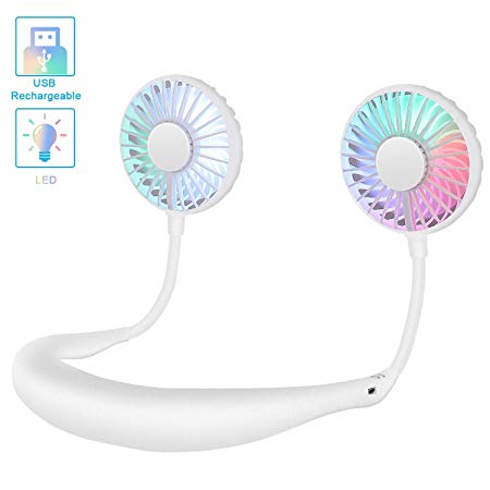 Hand Free USB Personal Fan Rechargeable Mini LED Neck Fan Headphone Design Sports Fan Heads Rotatable Neckband Fan, 2000mAh, 3 speeds, Quiet, Portable for Office Reading Travel Camping (White)
