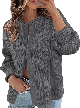 MEROKEETY Women's 2024 Long Sleeve Cardigan Sweater Crew Neck Button Ribbed Open Front Knit Outerwear