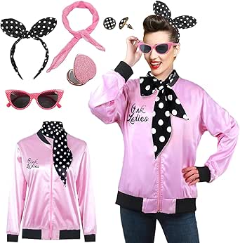 FAYBOX Pink Ladies Jacket Grease 50s Costume for Women Girls,Halloween Costumes 1950s Party Outfits Accessories for Adults