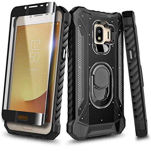 NageBee Case for Samsung Galaxy J2 Core/J2 2019/J2 Pure/J2 Dash/J2 Shine with Tempered Glass Screen Protector (Full Coverage), Full-Body Protective Shockproof Bumper Case Built-in Ring Stand -Black