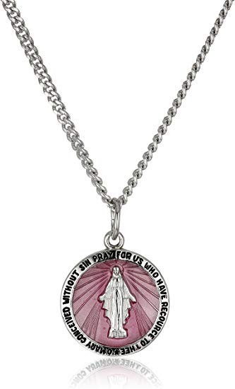 Sterling Silver Miraculous Medal with Pink Epoxy and Stainless Steel Chain Pendant Necklace, 20"