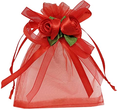Ankirol 50pcs Sheer Organza Favor Bags for Wedding 3.8x4.8'' Gift Bags Samples Display Drawstring Rose Pouches (hot red)