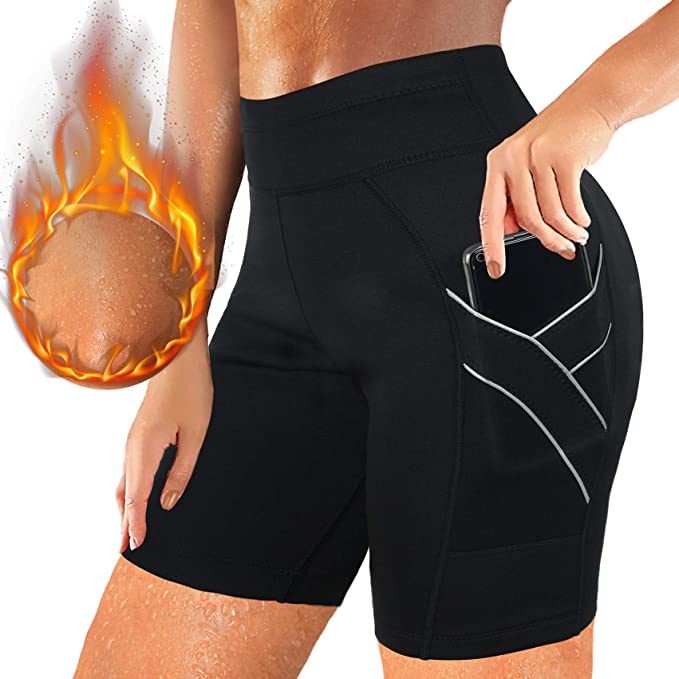 Rolewpy Women Neoprene Sauna Sweat Shorts with Pocket Hot Thermo Capris Workout Thigh Slimming Pants for Weight Loss Exercise Leggings Body Shaper