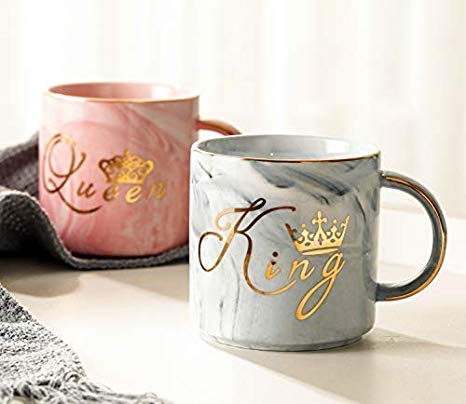 Luspan King and Queen Couples Coffee Mugs- Unique Wedding Gift For Bride and Groom - Anniversary Present Husband and Wife - Engagement Gifts For Him and Her - Ceramic Marble Cups 13 oz(Grey and Pink)