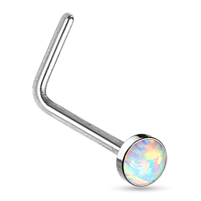 Fifth Cue 20G Synthetic Opal Set Flat Top PVD Over 316L Surgical Steel L Bend Nose Stud Rings -Choose Color
