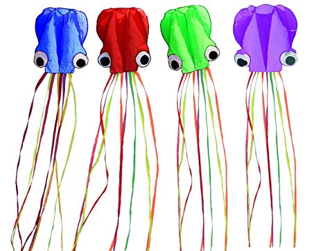 Set Of 4 Large 157.5" High Cartoon Big Round Eyes Octopus Kites With Colorful Ribbon and Kite Board With 98.4 Foot String For Kids Toy Enjoy Parent-child Time Beach Park Outdoor