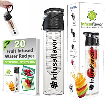Infusaflavor | PREMIUM Fruit Infuser Water Bottle | Leak proof, BPA free, Flip Top lid, spout, convenient folding carry handle | Recipe eBook | ideal for Work, Gym, Cycling, Yoga, Sports, Outdoor Hiking, Walking, Camping, Picnic, School and Travel