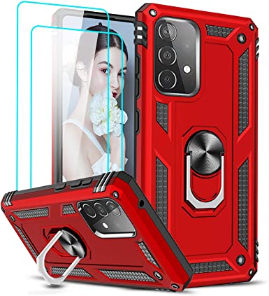 LeYi Compatible for Samsung Galaxy A52 5G Case with [2 Pack] Tempered Glass Screen Protector, [Military-Grade] Defender Protective Phone Case with Car Mount Ring Kickstand for Samsung A52 5G, Red