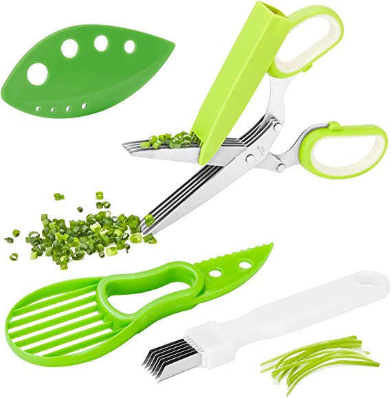 Herb Scissors Set, X-Chef Multipurpose 5 Blade Kitchen Herb Shears Herb Cutter with Safety Cover and Cleaning Comb for Chopping Basil Chive Parsley (Green)