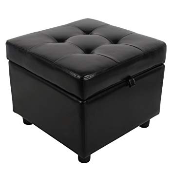H&B Luxuries Tufted Leather Square Flip Top Storage Ottoman Cube Foot Rest (Black)