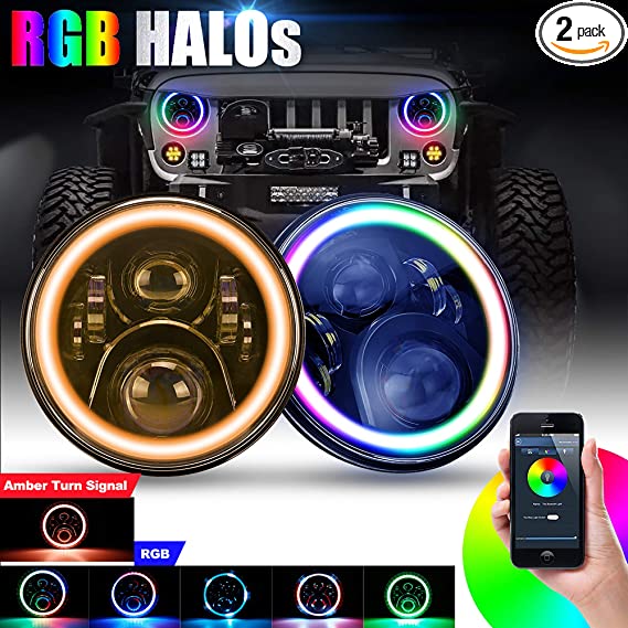 SUPAREE 7” round LED Headlights RGB Halo Angel Eyes with Amber Turn Signal Light 7 inch Bluetooth Remote Control for 1997-2017 Jeep Wrangler JK LJ TJ CJ Sahara Sport Rubicon Hummer H1 H2