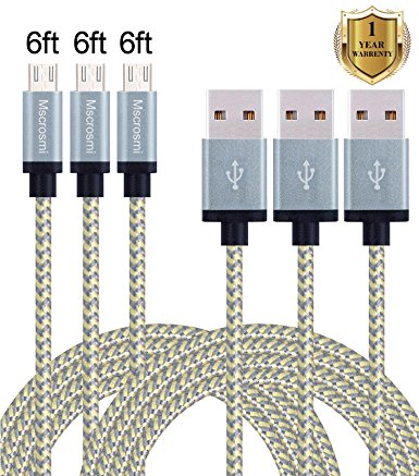 Mscrosmi 3 Pack 6FT Nylon Braided Tangle Free Micro USB Cable Charging and Data Transfer for Android, Samsung, HTC, Nokia, Sony and More (gold& gray)