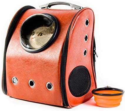 Scurrty Pet Carrier Bubble Backpack for Cat Small Dog 2 Sided Entry PU Leather Space Capsule Knapsack Waterproof Breathable