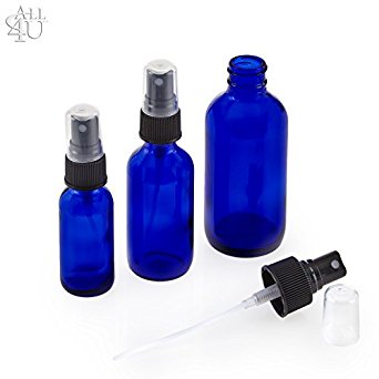 All 4 You Cobalt Blue Boston Round Glass Bottle 4 Oz with Black Atomizer. Perfect for Essential Oil Formulas (3 Pieces) (4 oz b)   3 labels and 1 Stainless Steel Syringe as a free gift