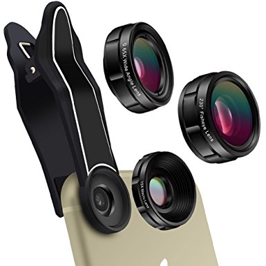 Otao 3 in 1 iPhone Lens Kit Professional HD Phone Camera Lens 0.65X Super Wide Angle & 15X Macro Lens 230 ° Fisheye Lens For iPhone, Samsung, Most Smartphones (230° Fisheye 15X Micro 0.65X Wide Angle)