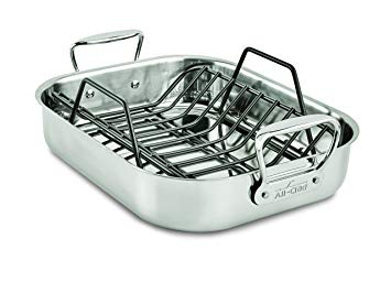 All-Clad E752S264 Stainless Steel Dishwasher Safe Small 11-Inch x 14-Inch Roaster with Nonstick Rack Cookware, 14-Inch, Silver