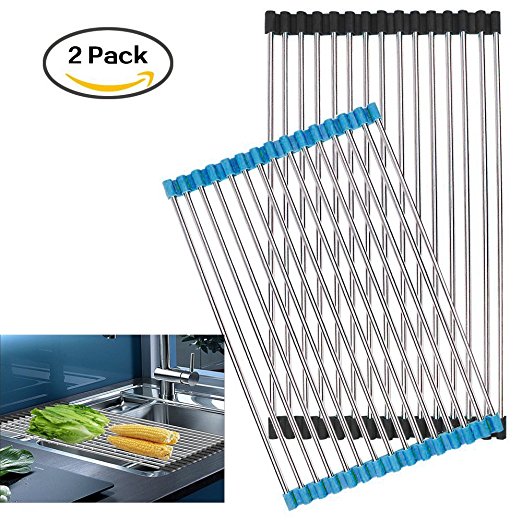 iPang Over the Sink Multipurpose Roll-Up Dish Drying Rack Set of 2, Foldable Heat Resistant Over Sink Stainless Steel Rack. (Black and Blue)