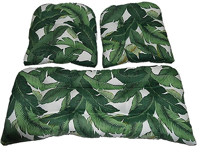 RSH DECOR 3 Piece Wicker Cushion Set - Tommy Bahama Swaying Palms Aloe ~ Green Tropical Palm Leaf Indoor/Outdoor Fabric Cushion for Wicker Loveseat Settee & 2 Matching Chair Cushions