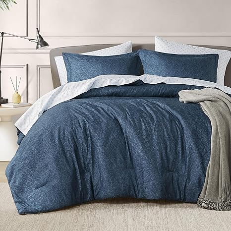 7 Pieces Comfy Bed in a Bag, King Size Bed Set, Navy Blue Printed Chambray, All Season Luxury Microfiber Bedset, Complete 7-Piece Including Comforter, Sheets, Pillowcases & Shams