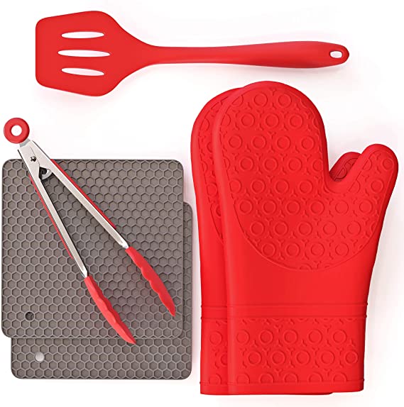 Silicone Oven Mitts and Pot Holders | Set of 6 Pieces | Silicone Pot Holders | Heat Resistant Non Slip Kitchen Mat and Gloves | Silicone Spatula for Nonstick Cookware | Kitchen Tongs for Cooking