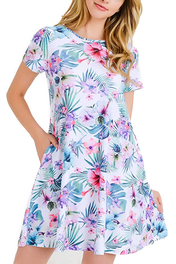 Women's Tropical Print Floral Dresses with Pockets Short Sleeves A-Line Summer Casual Beach Sundress