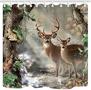 KOTOM TANSTAN Deer Decor,Waterproof Fabric Elk Foggy Forest Shower Curtain, Hooks Included, 71X71 inch