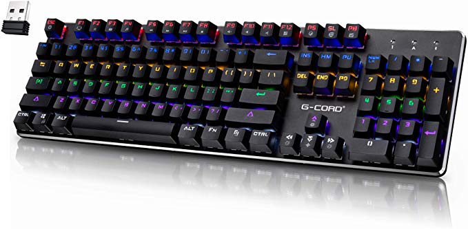 Wireless Gaming Keyboard, G-Cord Mechanical Keyboard LED Backlit/Rechargeable/Wired USB C/104 Keys Full Size Keyboard
