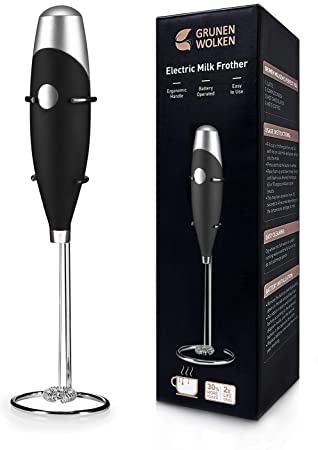 GRUNEN WOLKEN Milk Frother Handheld High Powered with Support Stand and Coffee Stencils Electric Milk Coffee drink Mixer Perfect for Coffee Cappuccino Matcha Hot Chocolate (Dark Black)
