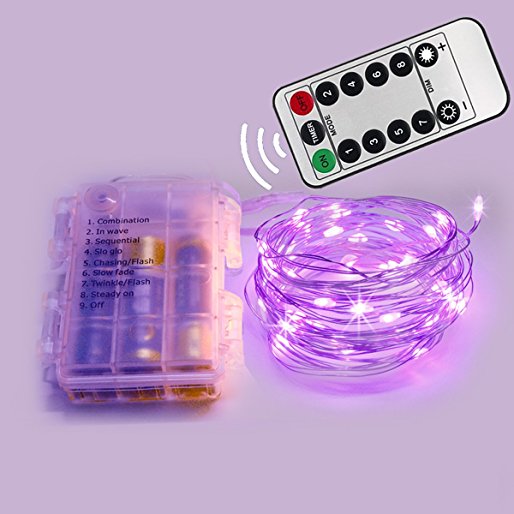 Homeleo 5M 50LEDS Battery Operated Remote Contol LED String Lights Flexible Silver Wire Light LED Starry Lights Fairy Lights AA Battery Powered Tiny Decorative Lights(50 Leds, Purple, Waterproof)