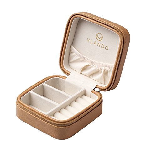 Vlando Small Faux Leather Travel Jewelry Box Organizer Display Storage Case for Rings Earrings Necklace (Khaki)
