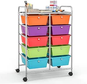 Giantex 10 Drawers Rolling Cart, Classroom Organizers, Storage Cart with Wheels, for Teacher Office Home School Supplies Tool Craft Art Paper, Rainbow Color