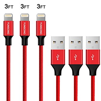Lightning Cable, YUNSONG 3Pack (3ft) Nylon Braided Cloth Cable to USB Syncing and Fast Charging Cable Cord Compatible with iPhone 7/7 Plus/ 6/ 6 Plus/ 6s/ 6s Plus /5/5s/ iPad More (Red)